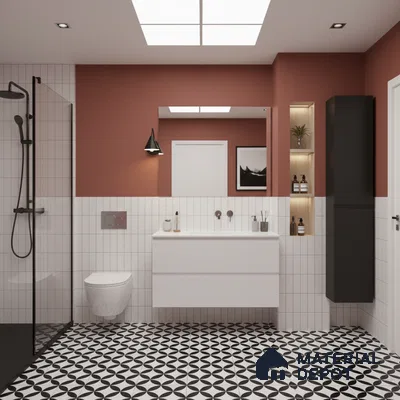 Modern bathroom with white vertical subway wall tiles and black-and-white geometric patterned floor tiles | Material Depot