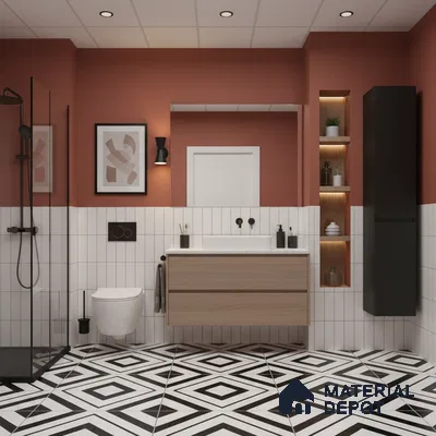Modern bathroom with white vertical subway wall tiles, black-and-white geometric floor tiles, and light oak vanity | Material Depot