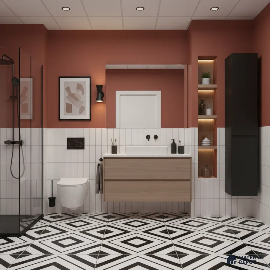 Modern bathroom with white vertical subway wall tiles, black-and-white geometric floor tiles, and light oak vanity | Material Depot