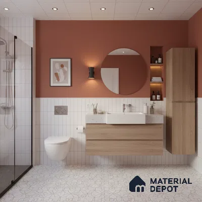 Modern bathroom with white vertical subway wall tiles, oak wood laminate vanity, and geometric patterned floor tiles | Material Depot