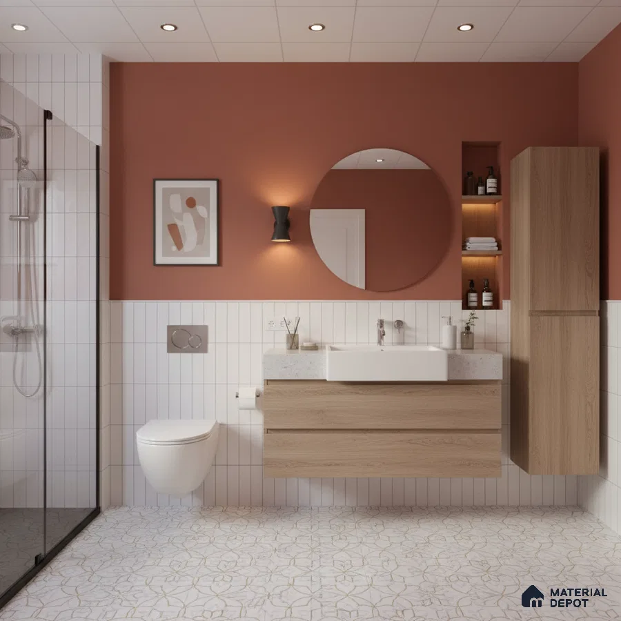 Modern bathroom with white vertical subway wall tiles, oak wood laminate vanity, and geometric patterned floor tiles | Material Depot