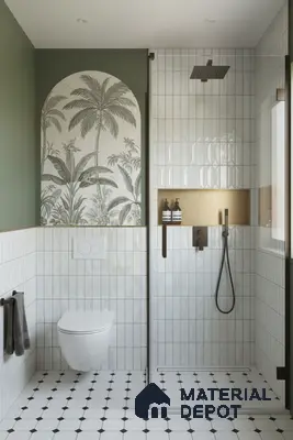 Modern bathroom with white vertical subway wall tiles, tropical patterned tile accent, and black-and-white geometric floor tiles | Material Depot
