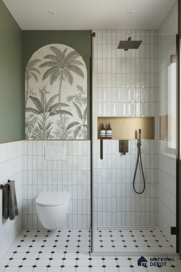 Modern bathroom with white vertical subway wall tiles, tropical patterned tile accent, and black-and-white geometric floor tiles | Material Depot