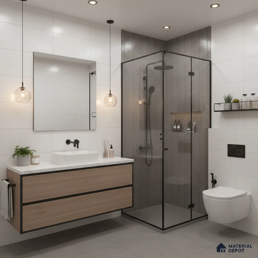 Modern bathroom with white wall tiles, light oak laminate vanity, and grey grid shower wall tiles | Material Depot