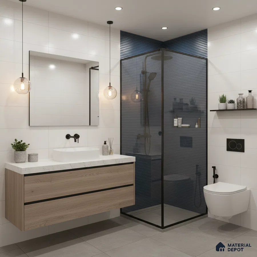 Modern bathroom with white wall tiles, ribbed navy blue shower tiles, and wood laminate floating vanity | Material Depot