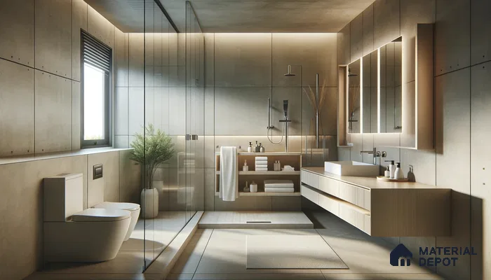 Modern Bathroom with Wooden Accents and Reflective Surfaces | Material Depot