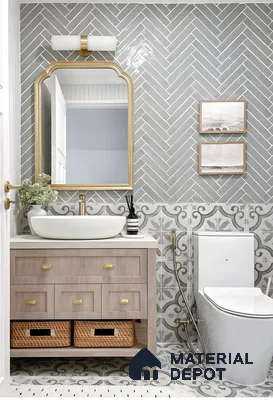 Elegant Herringbone Wall Tiles with Decorative Patterned Floor Tiles | Material Depot