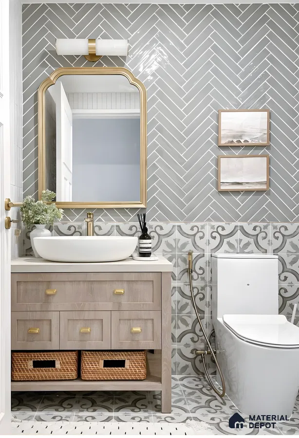 Elegant Herringbone Wall Tiles with Decorative Patterned Floor Tiles | Material Depot