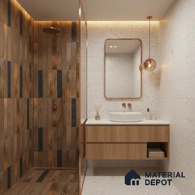Modern bathroom with wood-look patterned shower tiles and terrazzo wall and floor tiles | Material Depot