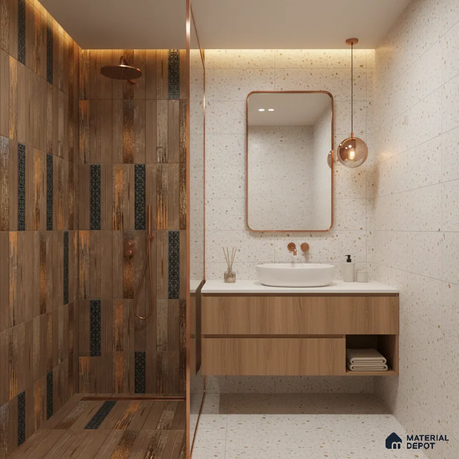 Modern bathroom with wood-look patterned shower tiles and terrazzo wall and floor tiles | Material Depot