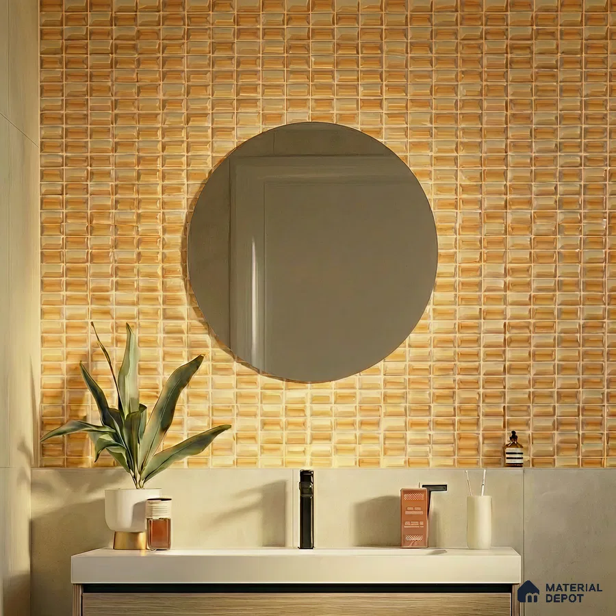 Modern bathroom with yellow 3D geometric wall tiles and light wood vanity