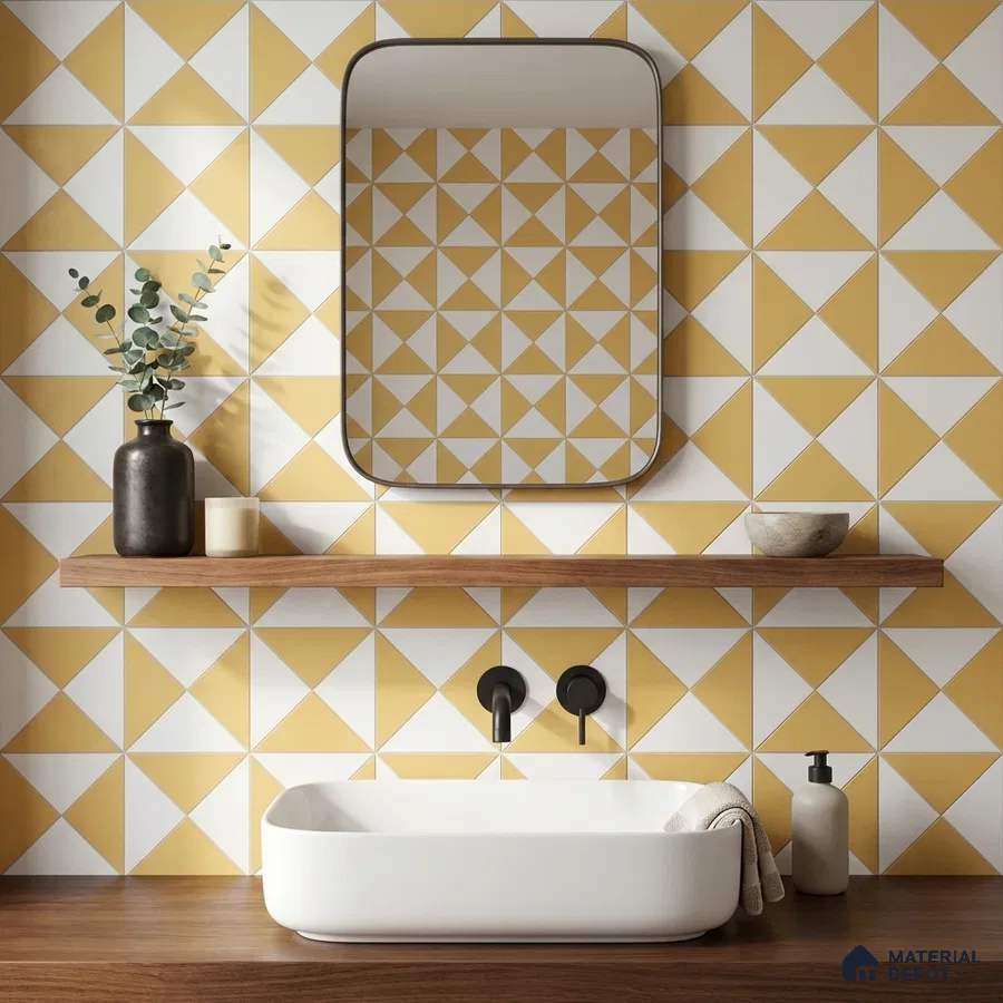 Modern bathroom with yellow and white geometric wall tiles and wooden countertop