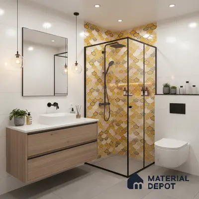 Modern bathroom with yellow fish scale highlighter tiles, white wall tiles, and light oak floating vanity | Material Depot