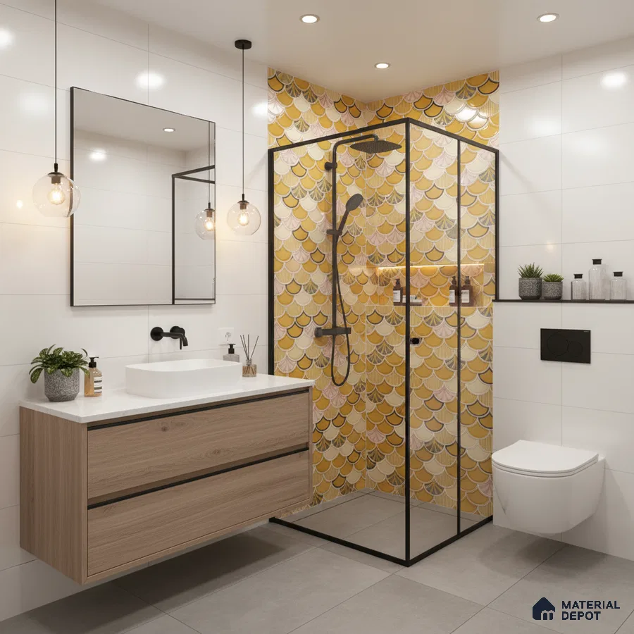 Modern bathroom with yellow fish scale highlighter tiles, white wall tiles, and light oak floating vanity | Material Depot