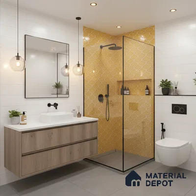 Modern bathroom with yellow fish scale wall tiles, white wall tiles, and wood laminate vanity | Material Depot
