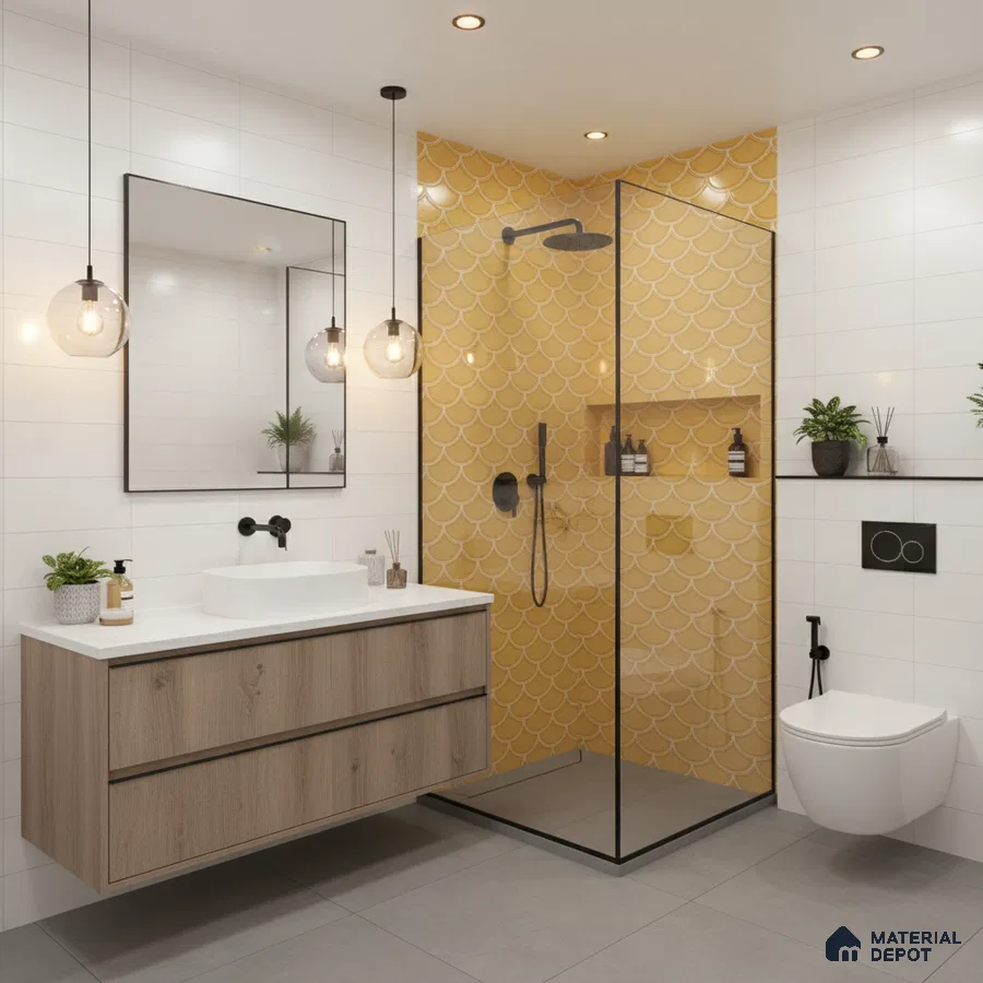 Modern bathroom with yellow fish scale wall tiles, white wall tiles, and wood laminate vanity | Material Depot