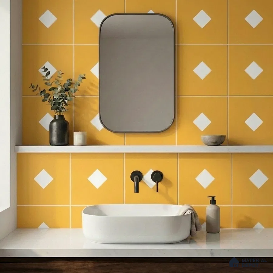 Modern bathroom with yellow geometric wall tiles and white countertop