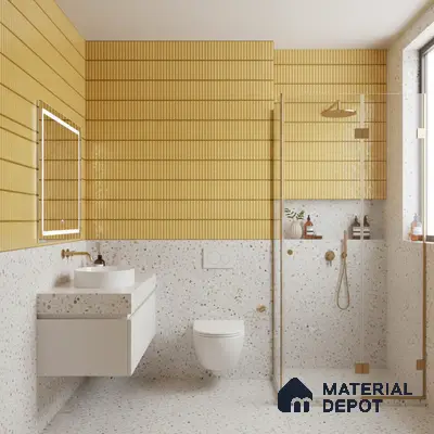 Modern bathroom with yellow kitkat wall tiles and terrazzo wall and floor tiles | Material Depot