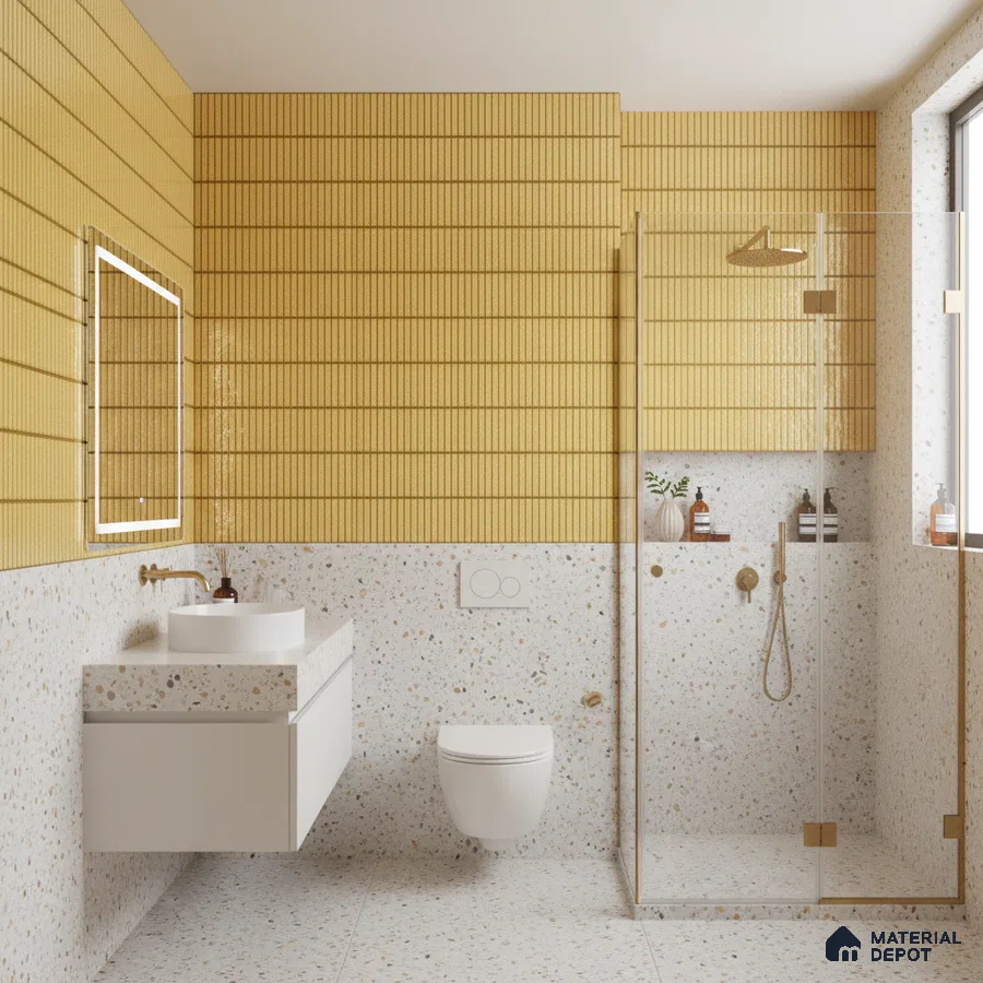 Modern bathroom with yellow kitkat wall tiles and terrazzo wall and floor tiles | Material Depot