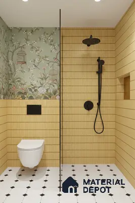 Modern bathroom with yellow kitkat wall tiles, chinoiserie floral wallpaper, and white geometric floor tiles | Material Depot