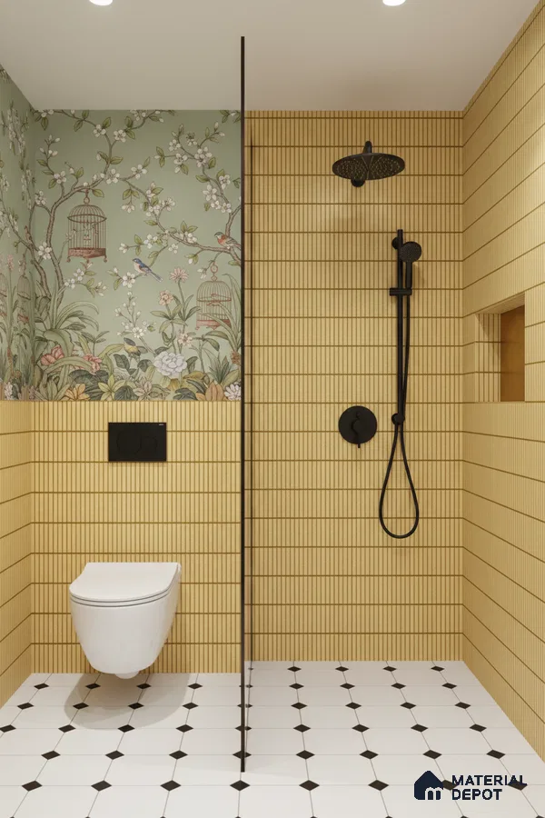 Modern bathroom with yellow kitkat wall tiles, chinoiserie floral wallpaper, and white geometric floor tiles | Material Depot