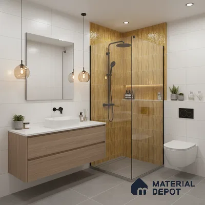 Modern bathroom with yellow kitkat wall tiles, white wall tiles, and wood laminate floating vanity | Material Depot