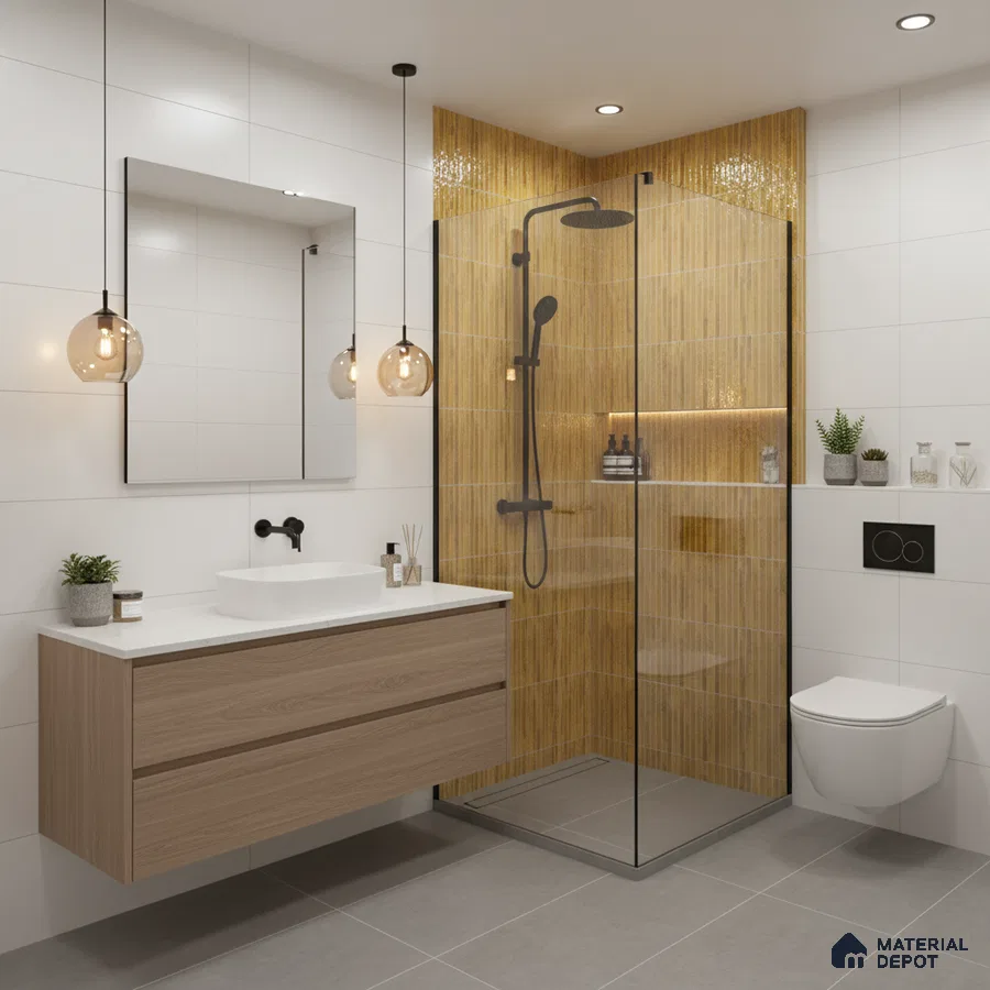 Modern bathroom with yellow kitkat wall tiles, white wall tiles, and wood laminate floating vanity | Material Depot