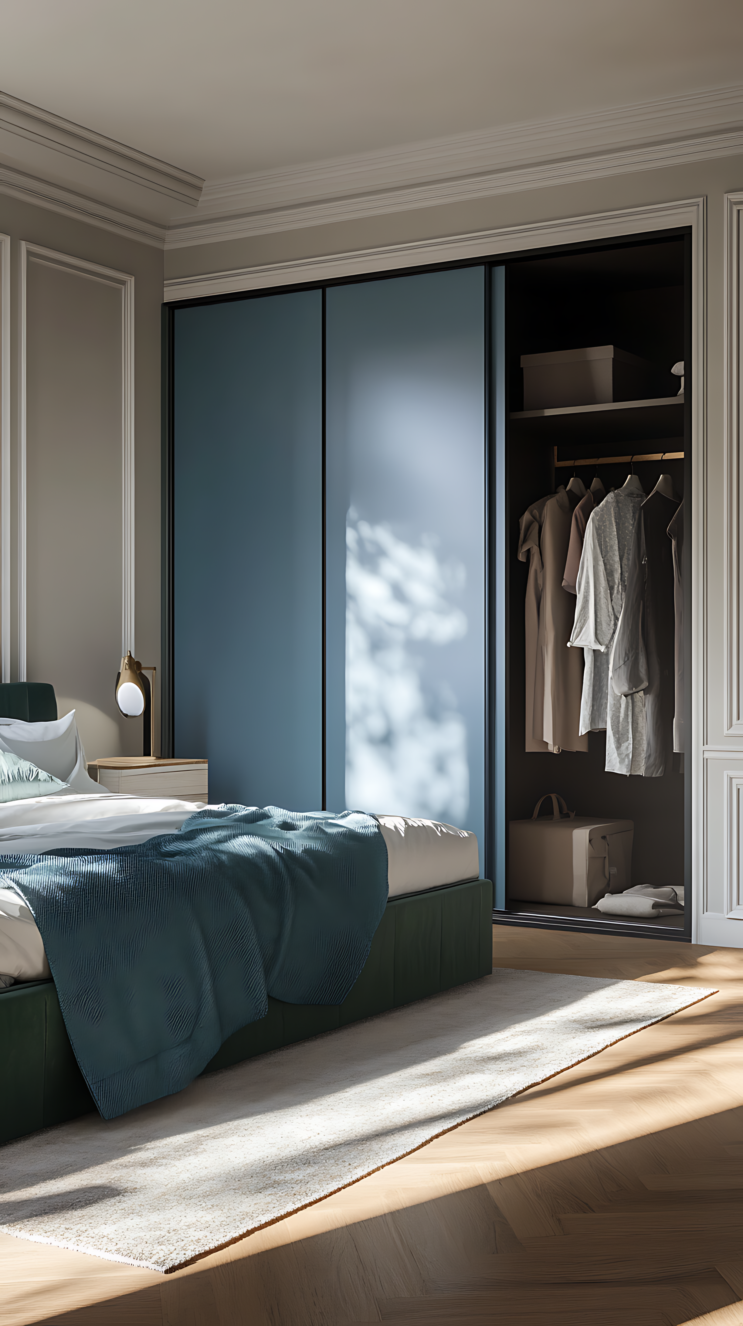 Modern Bedroom with Blue Sliding Wardrobe and Classic Wall Molding | Material Depot