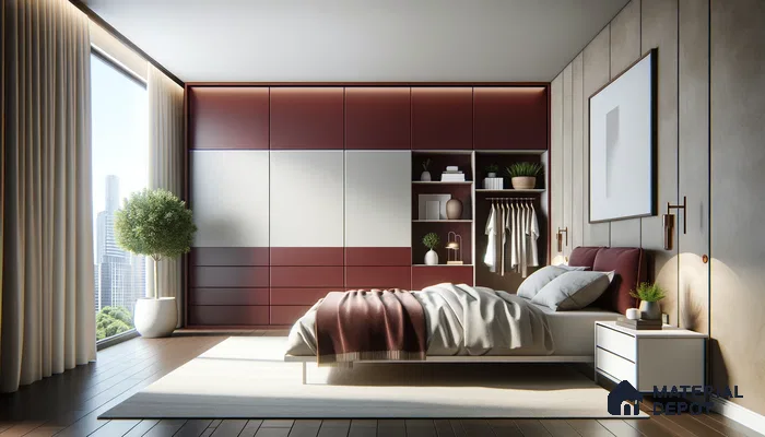 Modern Bedroom Harmony with Burgundy Accents and Open Closet Design | Material Depot