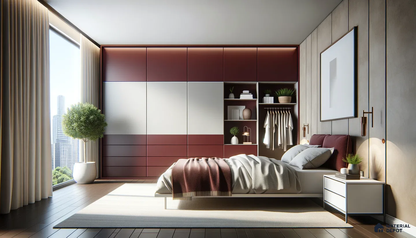 Modern Bedroom Harmony with Burgundy Accents and Open Closet Design | Material Depot