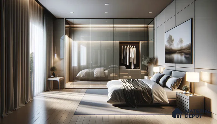 Modern Bedroom Serenity with Reflective Surfaces and Soft Textures | Material Depot