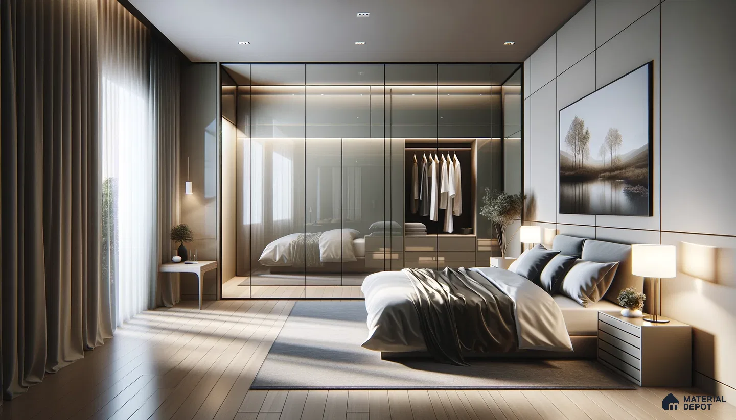 Modern Bedroom Serenity with Reflective Surfaces and Soft Textures | Material Depot