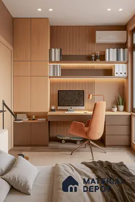 Modern Bedroom Study Corner with Wooden Storage and Cozy Work Desk | Material Depot
