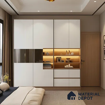 Modern Bedroom Wardrobe with Fluted Acrylic and Warm Wooden Accents | Material Depot