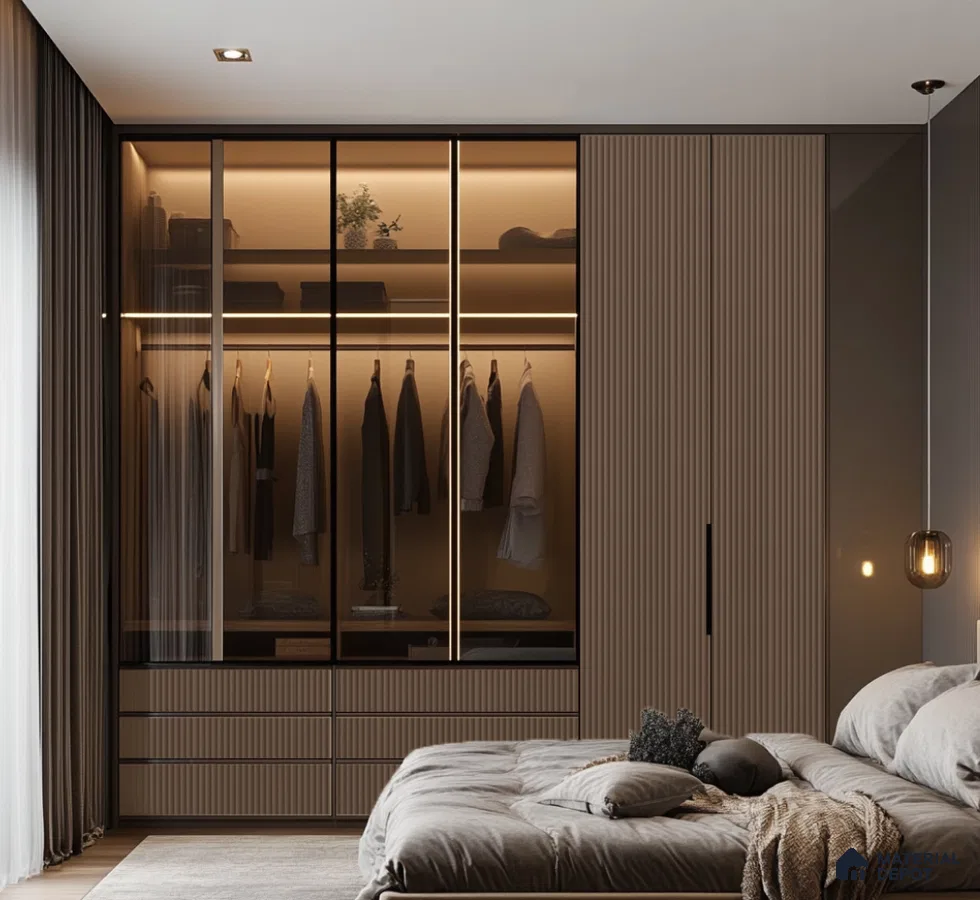 Modern Bedroom Wardrobe with Fluted Acrylic Panels and Glass Doors | Material Depot