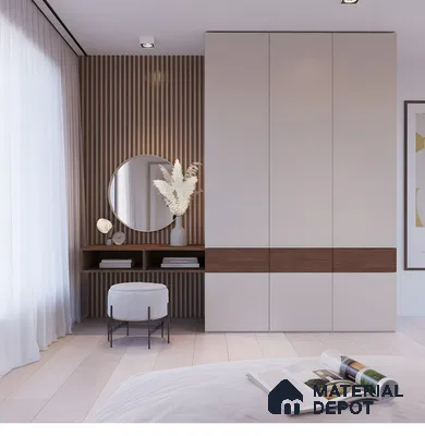 Modern Bedroom Wardrobe With Integrated Dressing Table, Light Wood, And Fluted Panel Accents | Material Depot