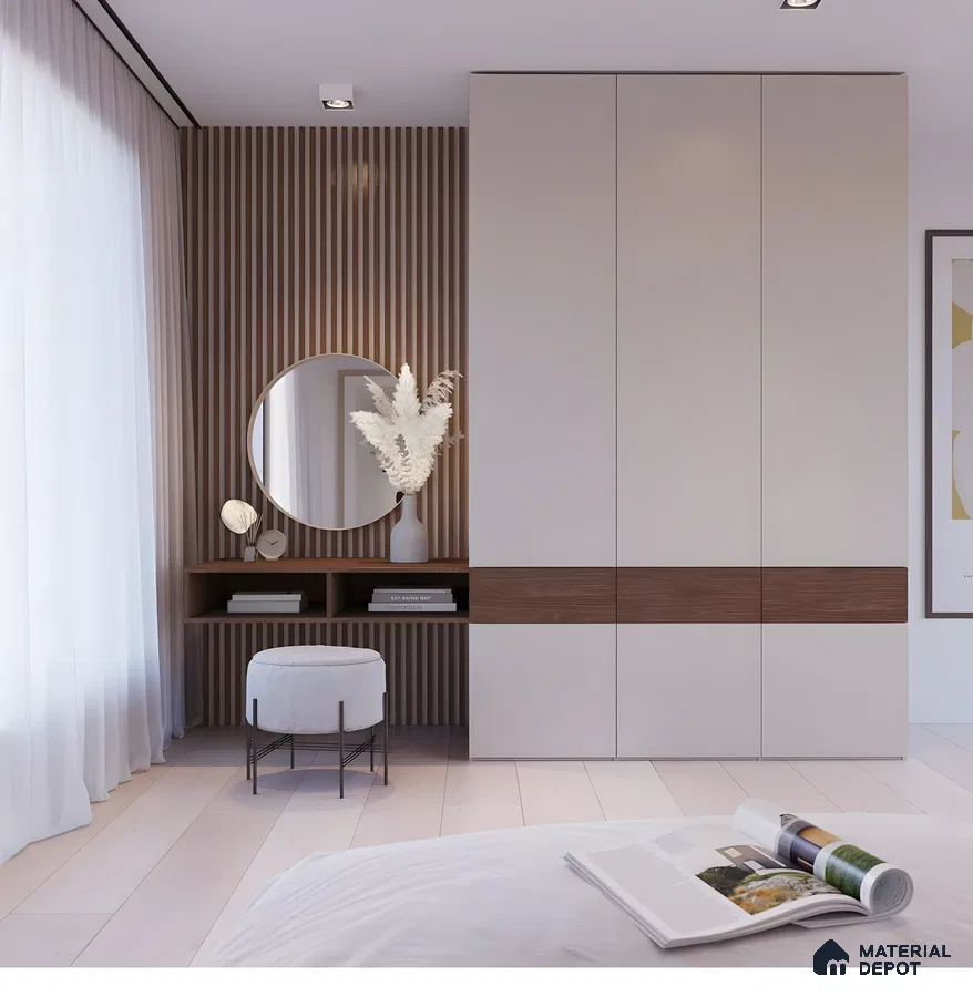 Modern Bedroom Wardrobe With Integrated Dressing Table, Light Wood, And Fluted Panel Accents | Material Depot
