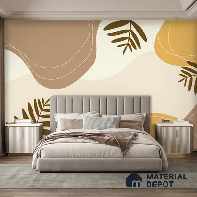 Modern bedroom with abstract beige and brown wallpaper and suede upholstered bed in Bengaluru