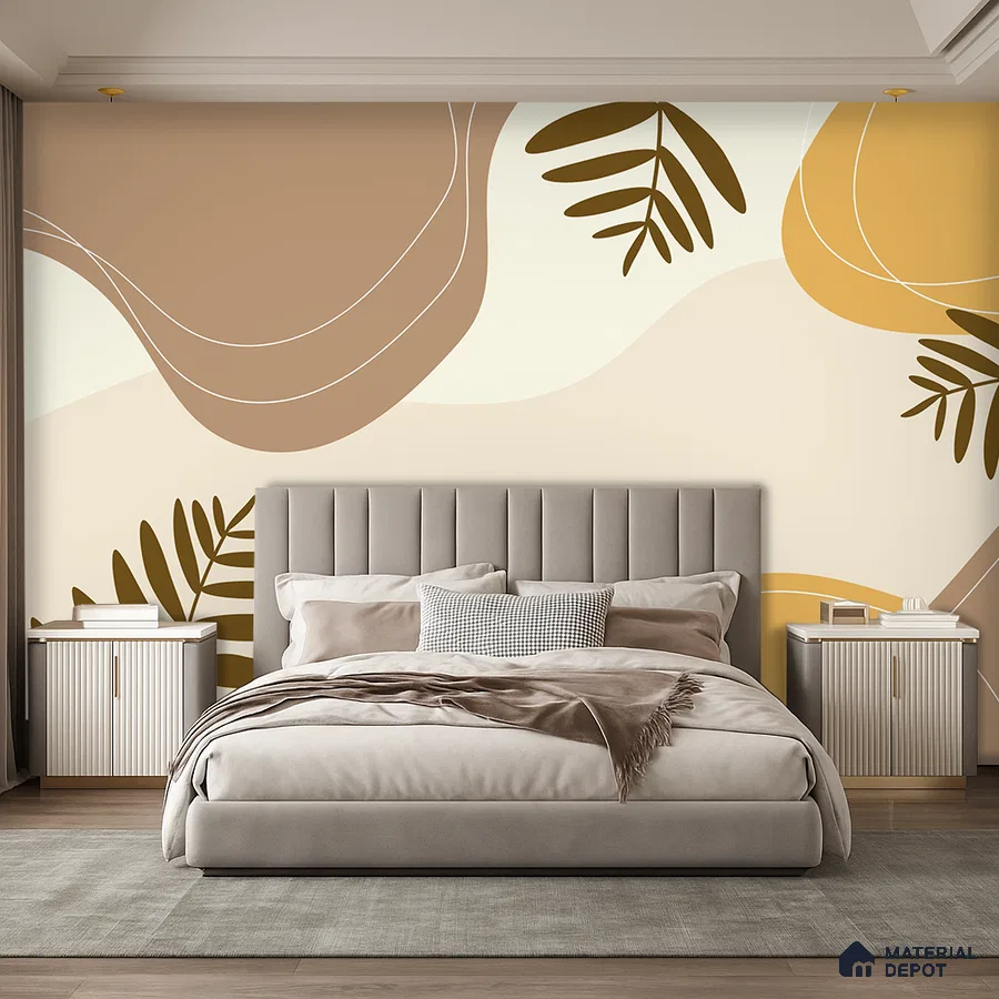 Modern bedroom with abstract beige and brown wallpaper and suede upholstered bed in Bengaluru