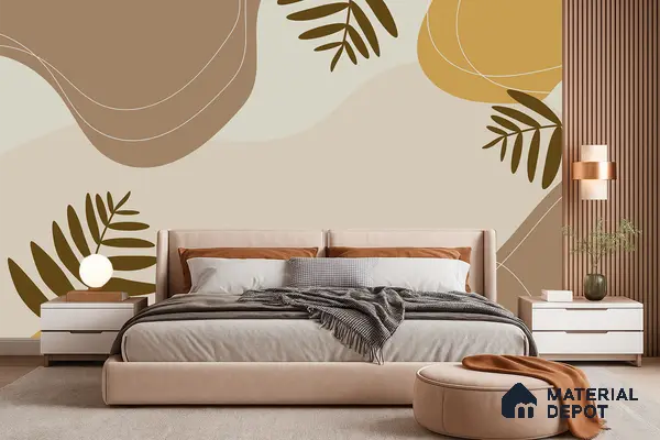 Modern bedroom with abstract botanical wallpaper, suede upholstered bed, and wood fluted wall panels in Bengaluru