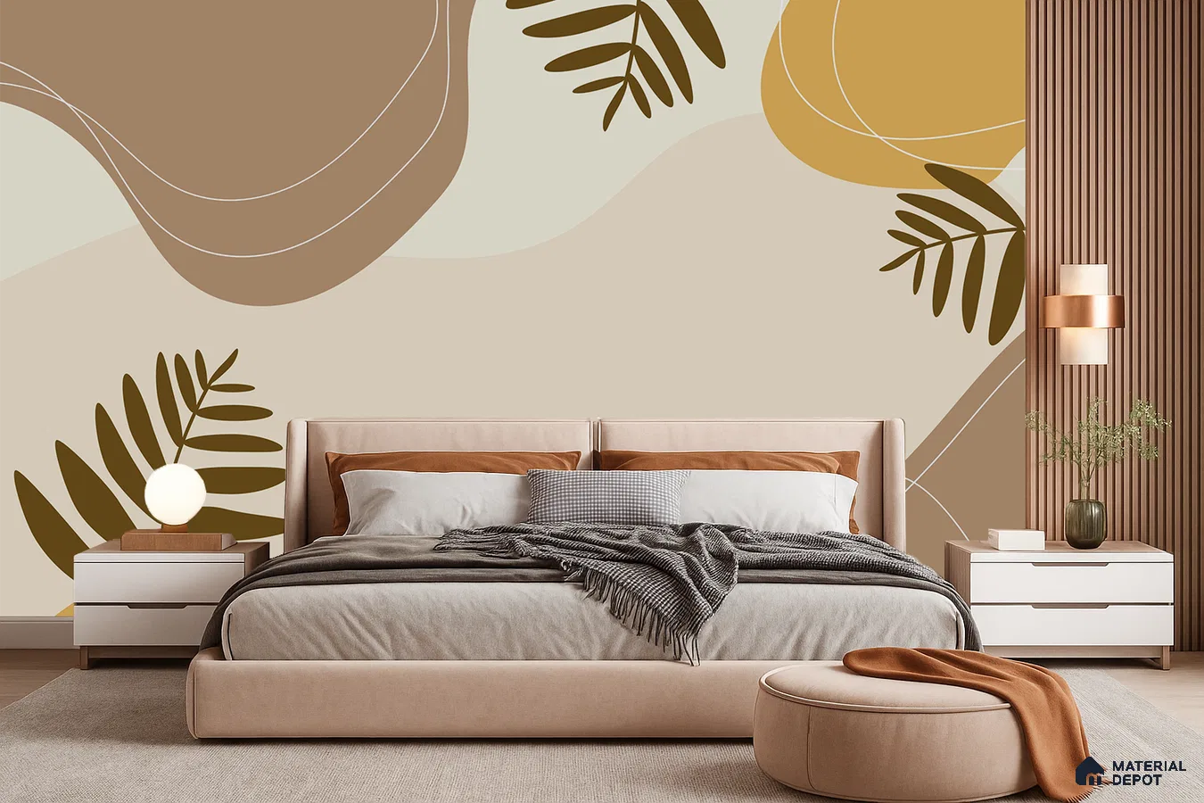 Modern bedroom with abstract botanical wallpaper, suede upholstered bed, and wood fluted wall panels in Bengaluru