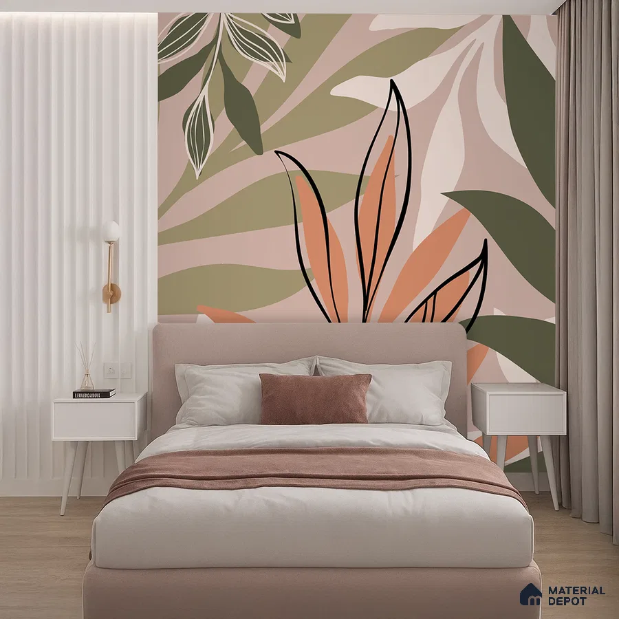 Modern bedroom with abstract floral wallpaper, blush upholstered bed, and white fluted wall panels in Bengaluru