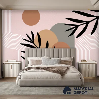 Modern bedroom with abstract geometric wallpaper and beige suede upholstered bed in Bengaluru