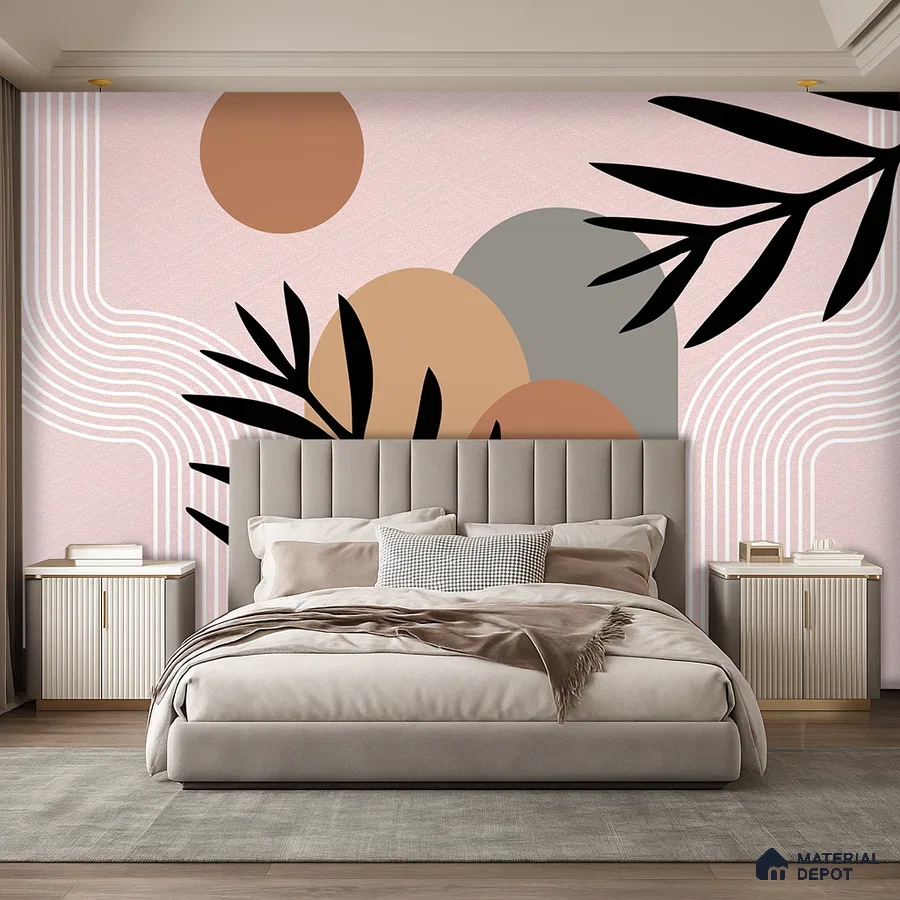 Modern bedroom with abstract geometric wallpaper and beige suede upholstered bed in Bengaluru