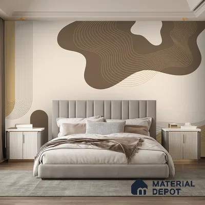Modern bedroom with abstract geometric wallpaper, suede upholstered bed, and neutral palette in Bengaluru