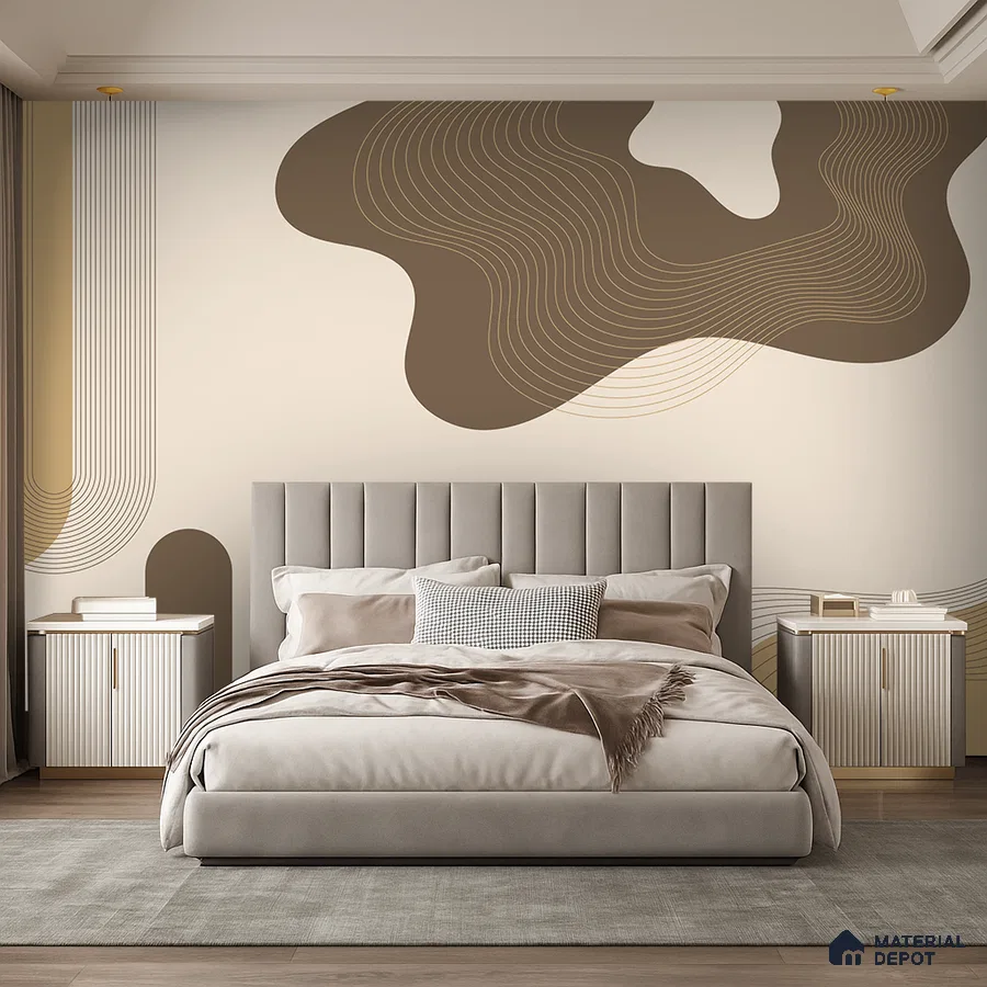 Modern bedroom with abstract geometric wallpaper, suede upholstered bed, and neutral palette in Bengaluru