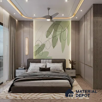Modern bedroom with abstract green wallpaper, taupe laminate wardrobe, and herringbone wooden flooring in Purva-Riviera-Whitefield 3 BHK Bengaluru Apartment
