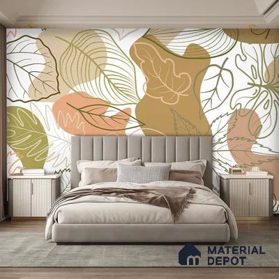 Modern bedroom with abstract leaf patterned wallpaper and beige suede upholstered bed in Bengaluru