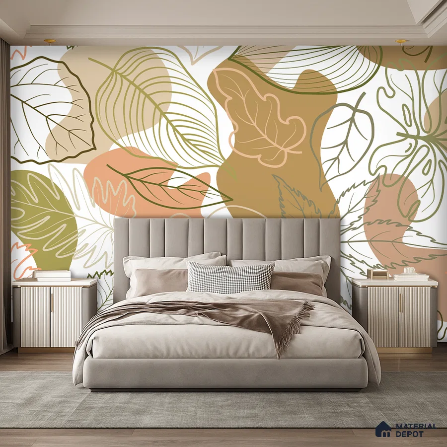 Modern bedroom with abstract leaf patterned wallpaper and beige suede upholstered bed in Bengaluru