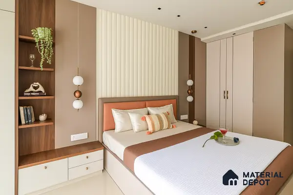 Modern bedroom with beige and taupe laminate wardrobe, fluted cream wall panel, and walnut wood accents in Prestige Kew Gardens Bellandur 3 BHK Bengaluru Apartment